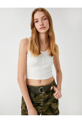 Koton Ribbed Athlete Crop U Collar Buttoned Front Ribbed