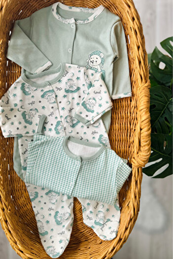 Bamoola 100% Cotton Green Teddy Bear 3-Piece Jumpsuit with Booties (Girl - Boy - Newborn)