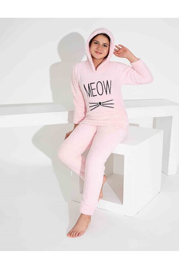 Tarık Meow Patterned Full Plush Girl's Pajamas Set