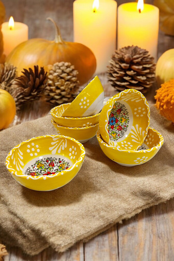 Salizera Handmade Kutahya Authentic Patterned Tile Ceramic Bowl Set (8cm - 6 Pieces) -Dustpan Jam Bowl