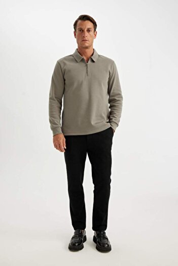 DeFacto Regular Fit Polo Neck Half Zipper Basic Plain Sweatshirt