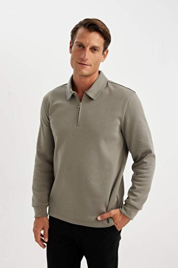 DeFacto Regular Fit Polo Neck Half Zipper Basic Plain Sweatshirt