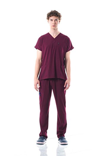 By Terzi Medikal Men's Y-Premium Burgundy (Team) Lycra Scrubs Doctor and Nurse Uniform