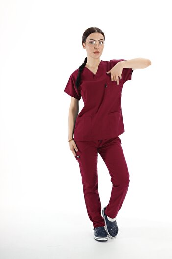 By Terzi Medikal Women's Y-Premium Burgundy (Team) Lycra Scrubs Doctor and Nurse Uniform