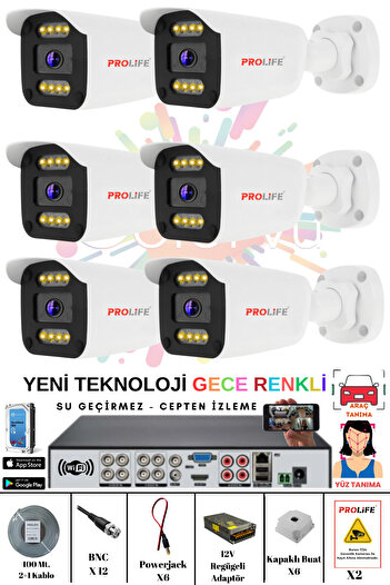 PROLİFE 6 Kameralı 5 Mp Gece Renkli 8 Warm Ledli Yüz Ve Araç Algılamalı Güvenlik Kamerası Kuruluma Hazır Set