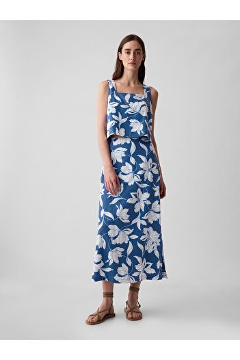 GAP Kadın Mavi Keten Karışımlı Crop Bluz