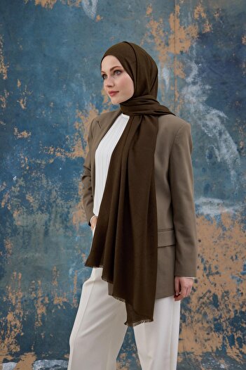 İpekhan Square Pattern Cotton Jacquard Shawl Khaki 8012-18
