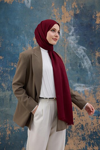 İpekhan Square Pattern Cotton Jacquard Shawl Burgundy 8012-02
