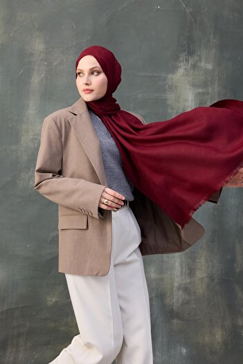 İpekhan Claret Red Wave Patterned Jacquard Cotton Shawl - 8010-02
