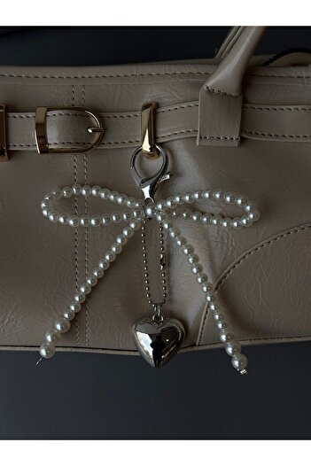 minebag Metal Heart Pearl Ribbon Detailed Purse Charm Keychain