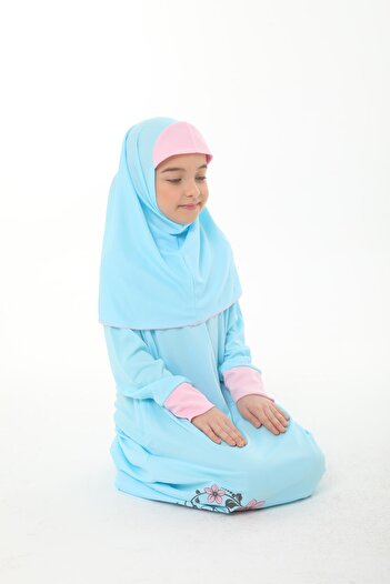 elanesa Kız Çocuk Namaz Elbisesi Çicek Basklı Kolu Manşetli