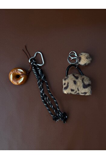 minebag Leopard Print Mini Plush Bag with Bread Slice Carabiner Bag Charm Keychain