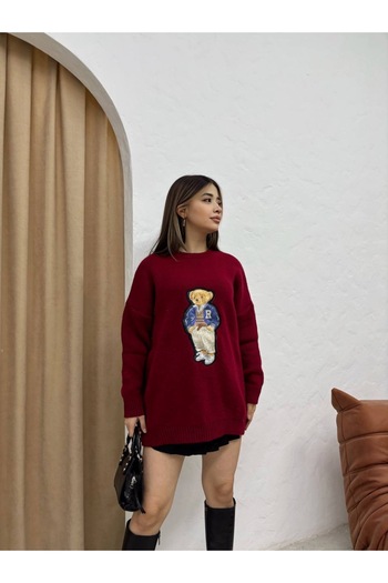 Ekim Store Teddy Bear Embroidered Knitwear Long Sweater