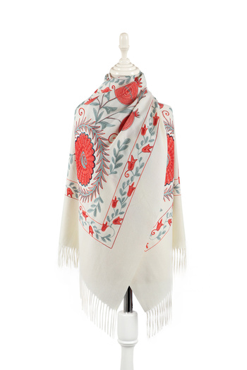 Bursa İpek Cream Embroidered Winter Shawl