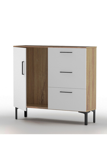 Mahmayi Wooden Chest Drawer with 3 Drawers and 1 Door Shelf Cabinet-Brown Kansas Oak and White