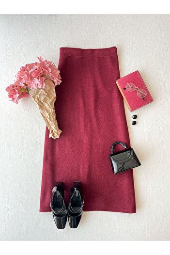 KÜÇÜĞÜM BUTİK Burgundy Stitched Long Skirt