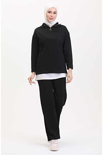 sefamerve Black Zippered Tunic and Trousers Set - 1058-04