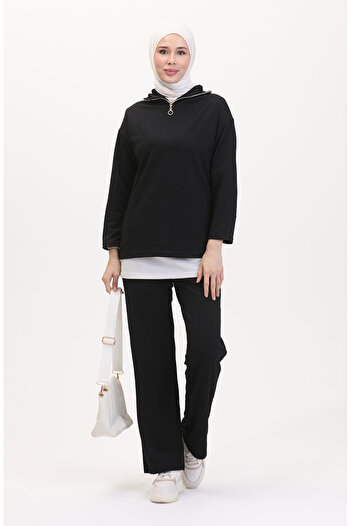 sefamerve Black Zippered Tunic and Trousers Set - 1058-04