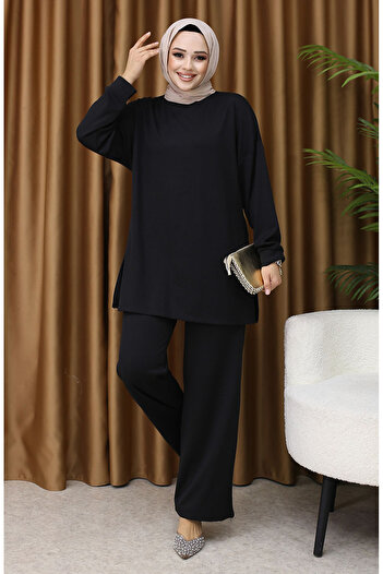 sefamerve Black Ribbed Tunic and Trousers Set - 5570-03