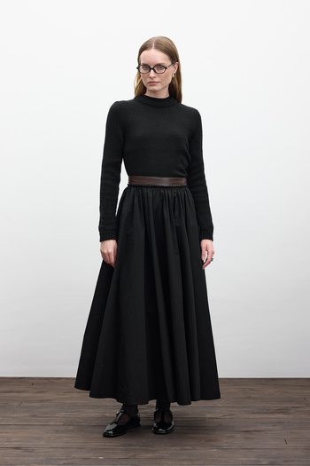 Manuka Black Wide Skirt - Leather Detail