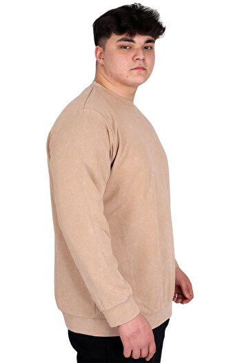 ModeXL Mode XL Büyük Beden Erkek Bisiklet Yaka Sweatshirt Asit Yıkama Interlok U24175 Bej