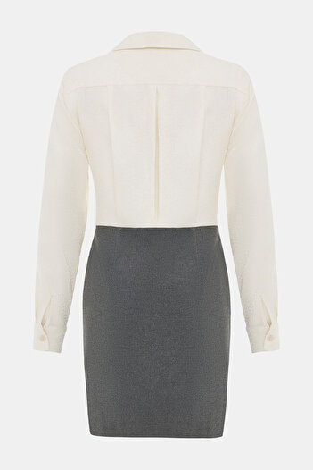 W Collection EKRU MİNİ JAKARLI KRUVAZE YAKA ELBİSE