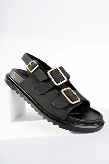 meyra'nın ayakkabıları Women's Black Matte Adjustable Double Buckle Double Layer Sole Comfort Sandals