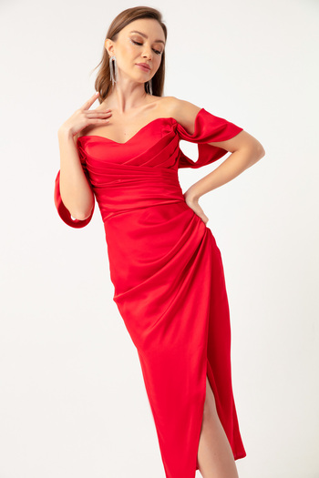 Lafaba Women's Red Boat Neck Draped Midi Evening Dress