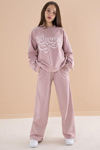 Cansın Mini Σετ φόρμας κοριτσιού Dusty Rose Text Printed με ελαστική μέση φόρμα 19895
