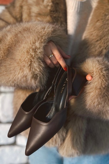 POLKA STORE Bitter Brown Matte Leather Pointed Toe Short Block Heeled Women's Shoes Blush
