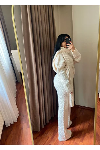 MODA Set de 3 piese pentru femei, cu păr crem, pantaloni împletiti
