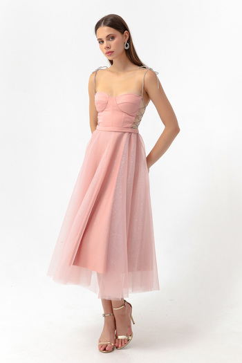 Lafaba Women's Powder Stone Strap Flared Cut Midi Evening Dress