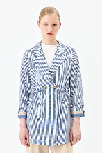 Nihan Drawstring Waist Striped Linen Jacket Indigo