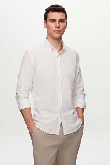 D'S Damat Ecru Slim Fit Summer Shirt - 100% Cotton, Button Collar, Flame Linen Look