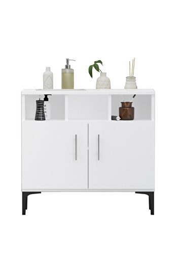 Mahmayi Medium Height Cabinet with 2 Door Storage and 3 Open Shelf-White