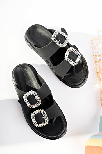 meyra'nın ayakkabıları Women's Black Matte Stone Double Buckle Comfortable Sole Slippers