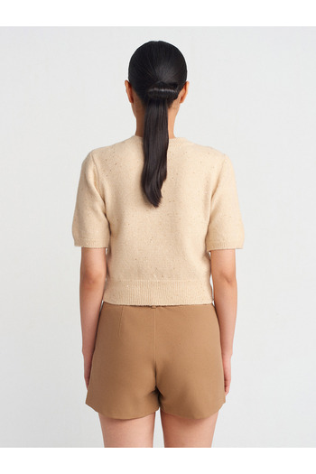 Dilvin 10703 Beige Crew Neck Sequin Glitter Knitwear Sweater