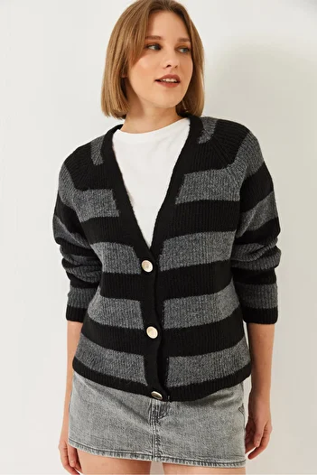 Bianco Lucci Women's Striped Three-Button Knitwear Cardigan 20247538