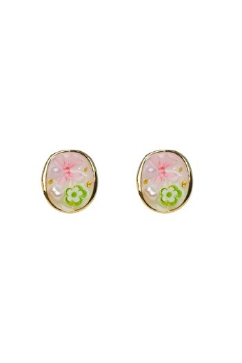Pelin Aksesuar Pink Flower Patterned Earrings