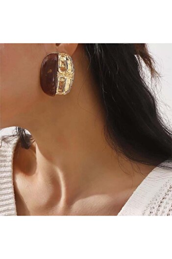 Pelin Aksesuar Brown Gold Big Oval Earrings