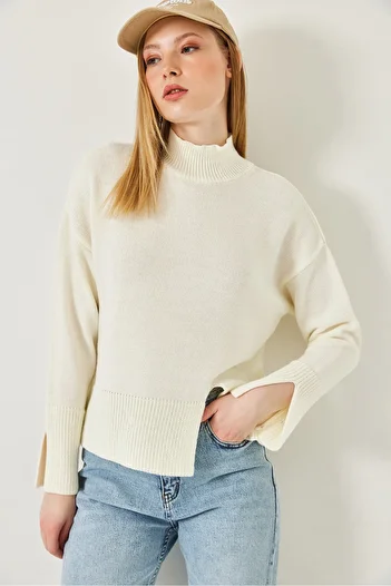 Bianco Lucci Women's Turtleneck Front Slit Knitwear Sweater 20246859