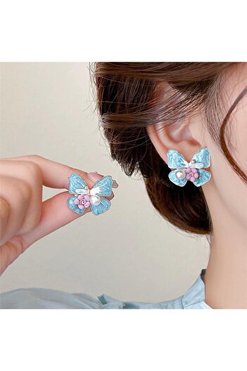 Pelin Aksesuar Blue Butterfly Earrings with Pink Flowers