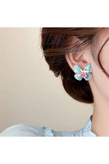 Pelin Aksesuar Blue Butterfly Earrings with Pink Flowers
