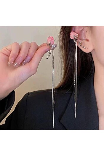 Pelin Aksesuar Pink Rose Figured Dangle Stone Ear Accessory