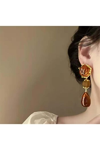 Pelin Aksesuar Brown Beaded Long Design Earrings