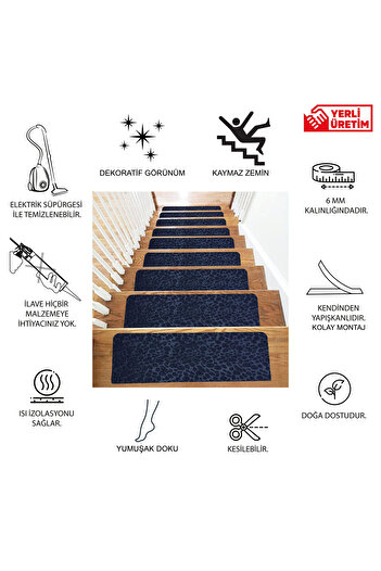 TİNK Lacivert Kaydırmaz Keçe Merdiven Matı 22x75 cm - 7 Adet