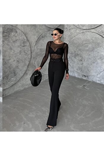 Asia Black Spanish Leg Belted Fabric Pants