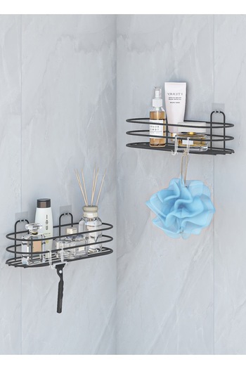 MultiStore 2 Pieces Oval Bathroom Shelf - Adhesiveness, Shampoo Holder and Soap Dish Matte Black Shower Hanger