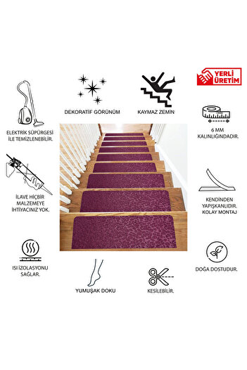 TİNK Bordo Kaydırmaz Keçe Merdiven Matı 22x75 cm - 7 Adet