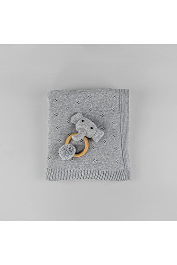 Bumble & Bird - Cozy Cocoon Knitted Blanket With Rattle - Grey